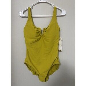NWT CALIA V Notch Ruched One Piece Gold Swim Suit in Rib Size  Womens 10
